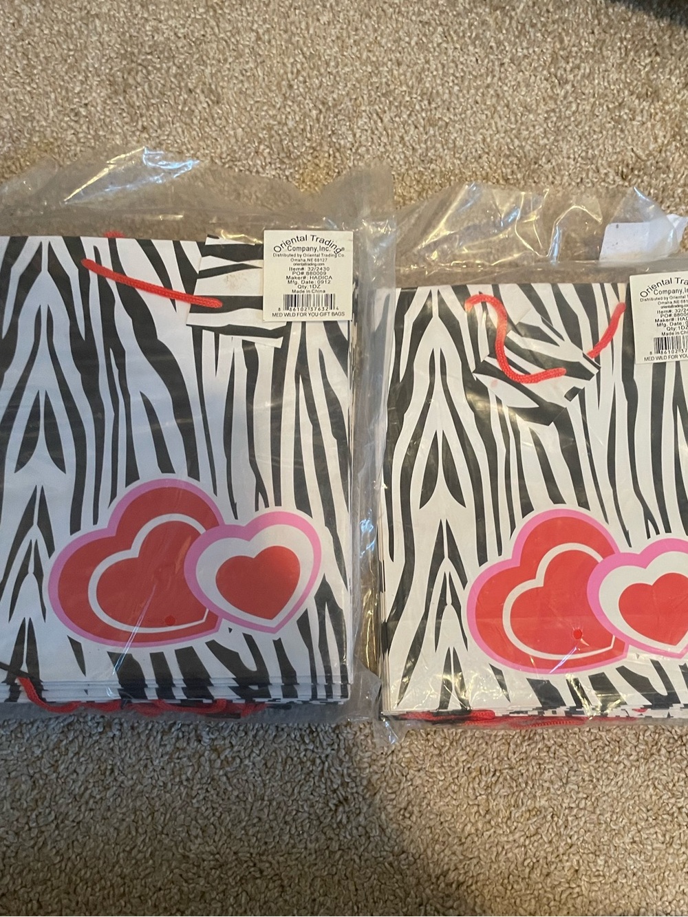 Kids Zebra Stripe Gift Bags with Pink Heart Accent